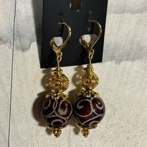 New Hand Crafted Burgundy Carved Jade Bead Gold Plated Pierced Earrings